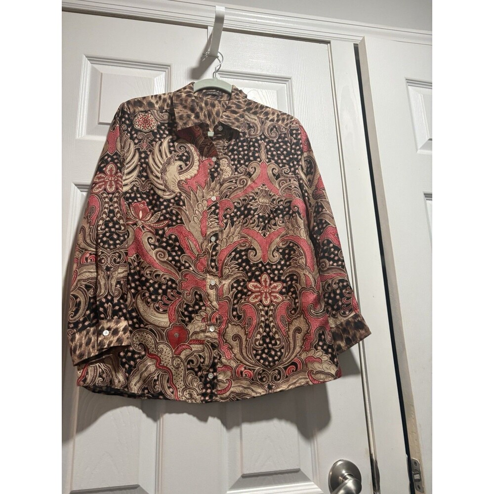 J. McGlaughlin Silk Blend Button Down Red And Brown Paisley Long Sleeve Top M